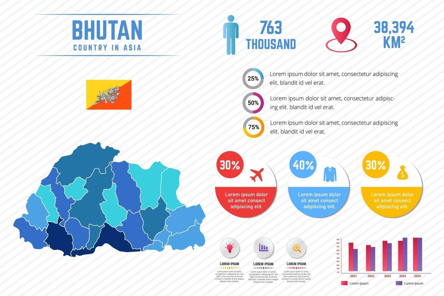 modello di infografica mappa colorata del bhutan vettore