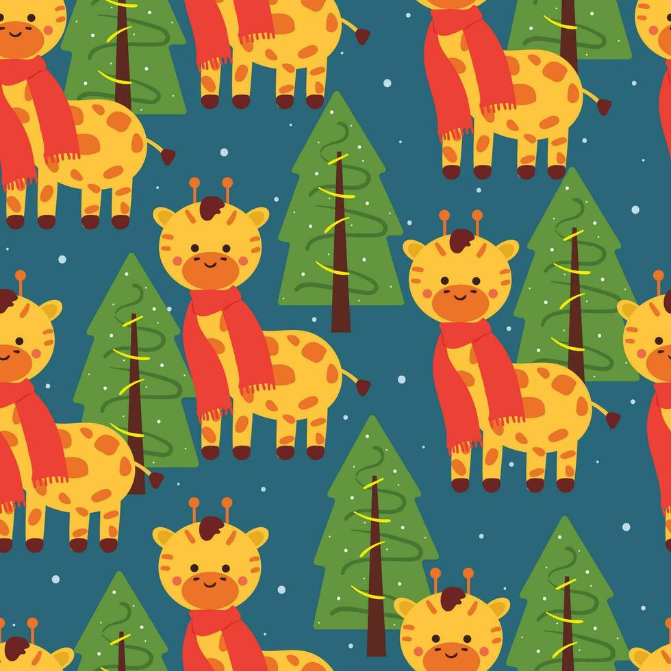 senza soluzione di continuità modello cartone animato giraffa indossare sciarpa, albero, e fiocchi di neve. carino animale sfondo per tessile, regalo avvolgere carta, inverno sfondo vettore