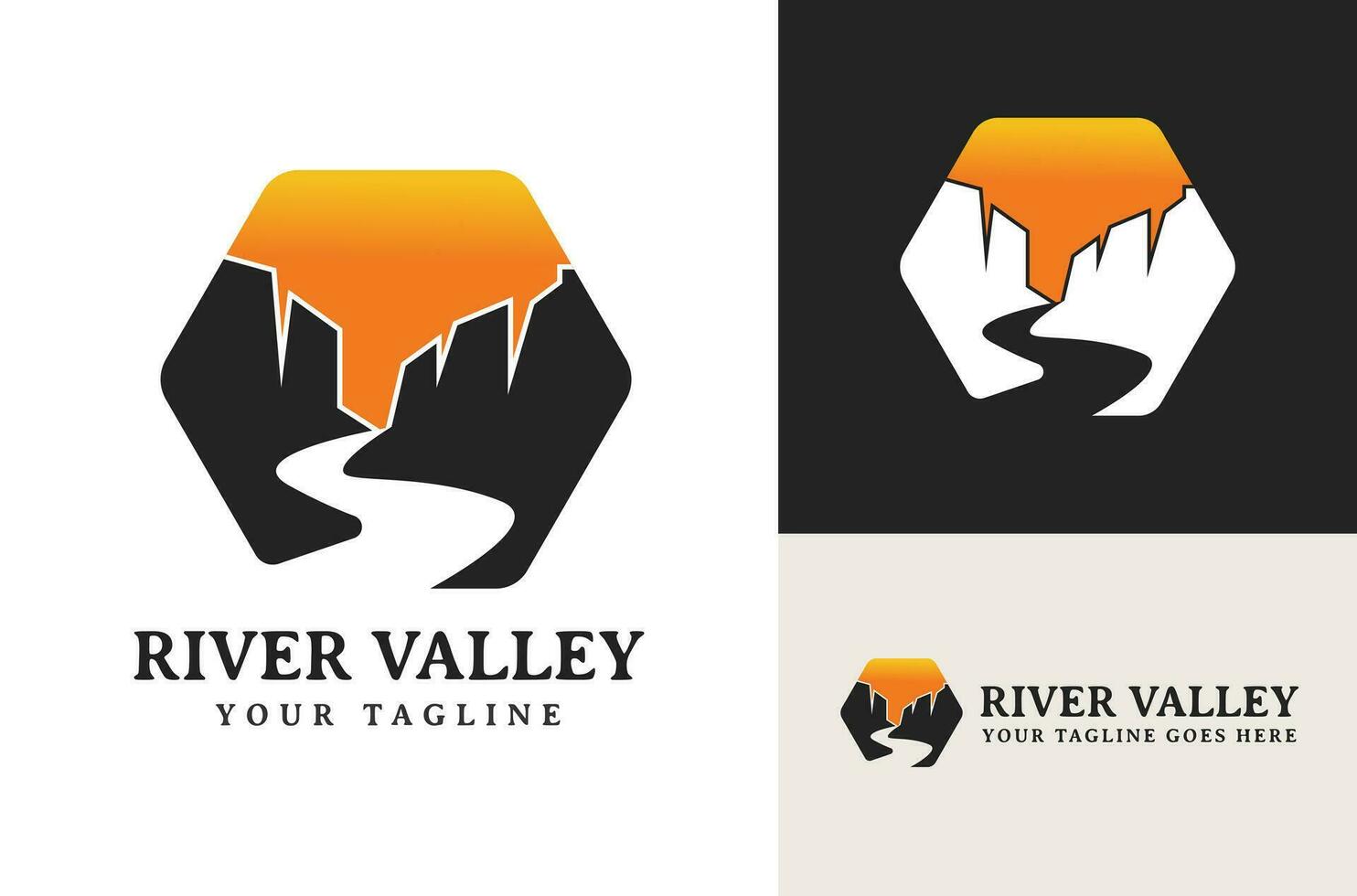 illustrazione di canyon esagonale alto scogliere e fluente fiume logo design all'aperto avventura vettore