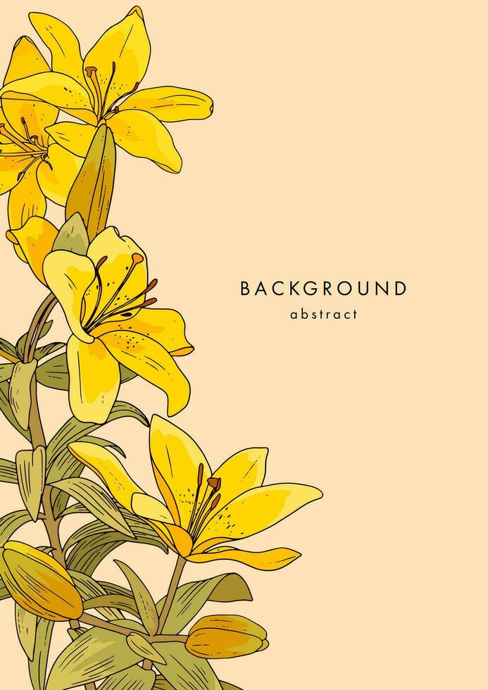 floreale modello con giallo gigli su beige sfondo. verticale manifesto con Vintage ▾ giglio fiore vettore