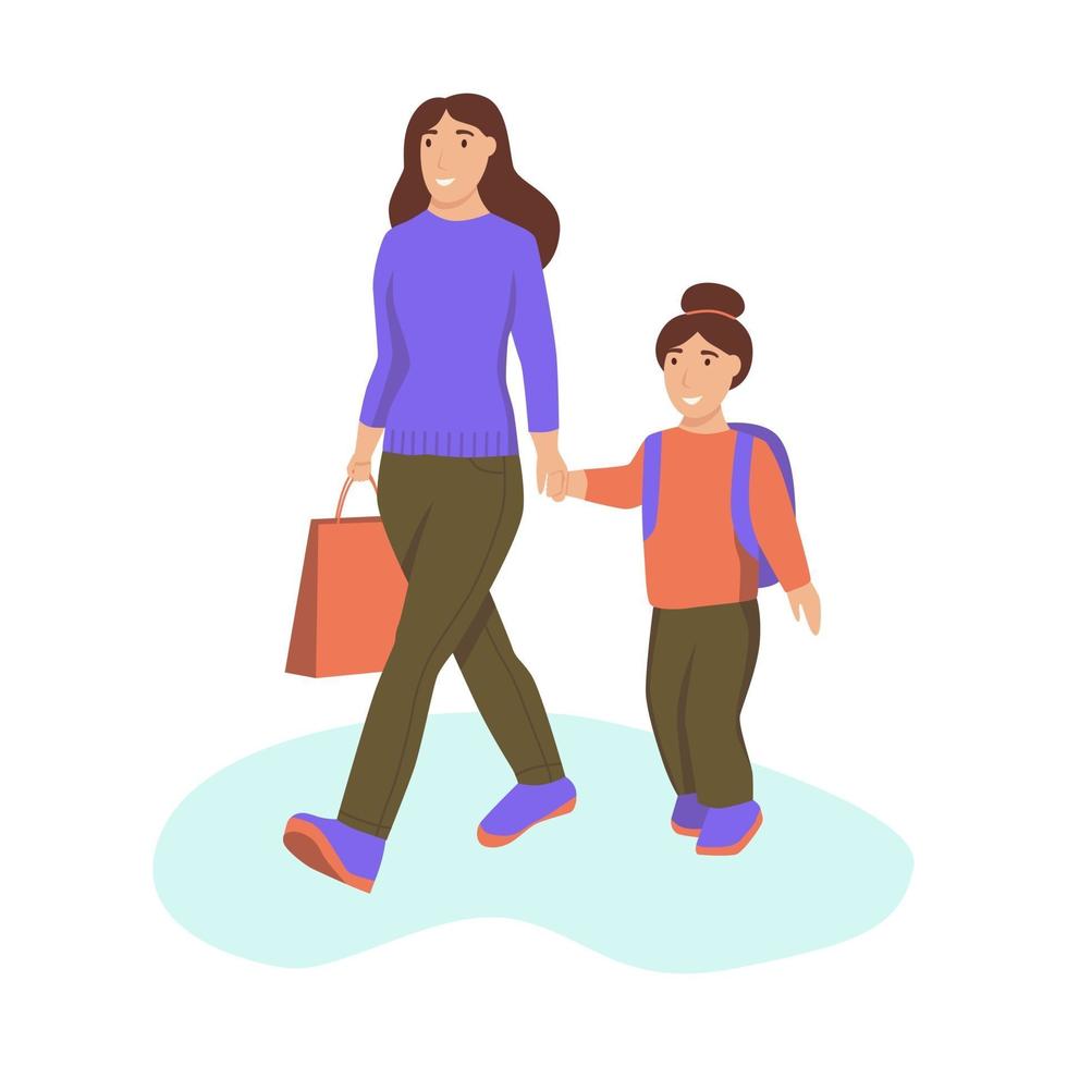una giovane donna e sua figlia si tengono per mano e camminano vettore