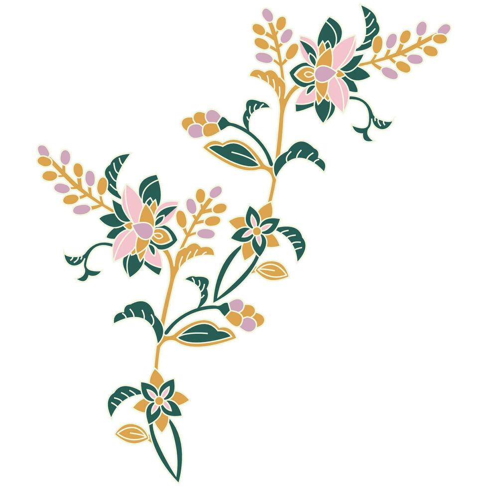 un' meravigliosamente dettagliato botanico illustrazione di un' ramo con vivace fiori e lussureggiante le foglie vettore