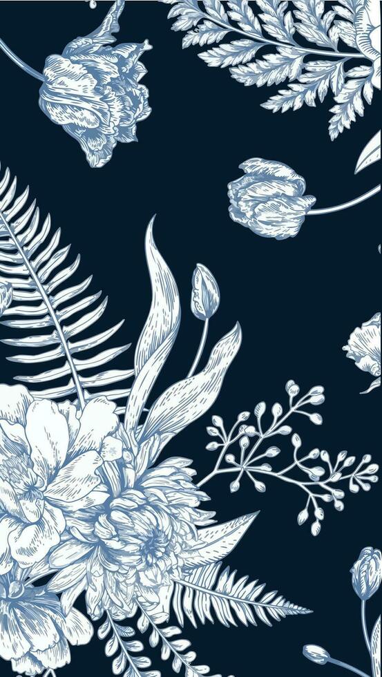 un' bellissimo blu e bianca floreale modello con intricato le foglie e delicato fiori vettore