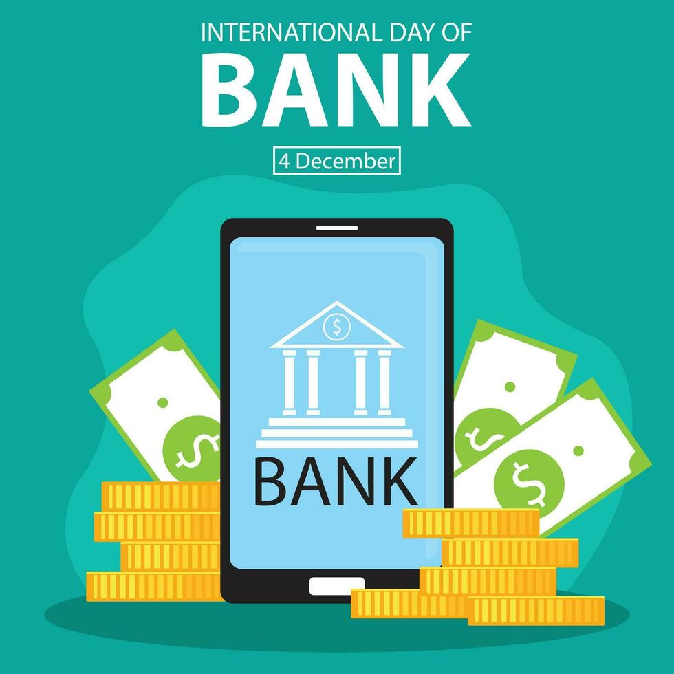 illustrazione vettore grafico di in linea banca dentro un' smartphone, mostrando pile di monete e carta i soldi, Perfetto per internazionale giorno, internazionale giorno di banche, celebrare, saluto carta, eccetera