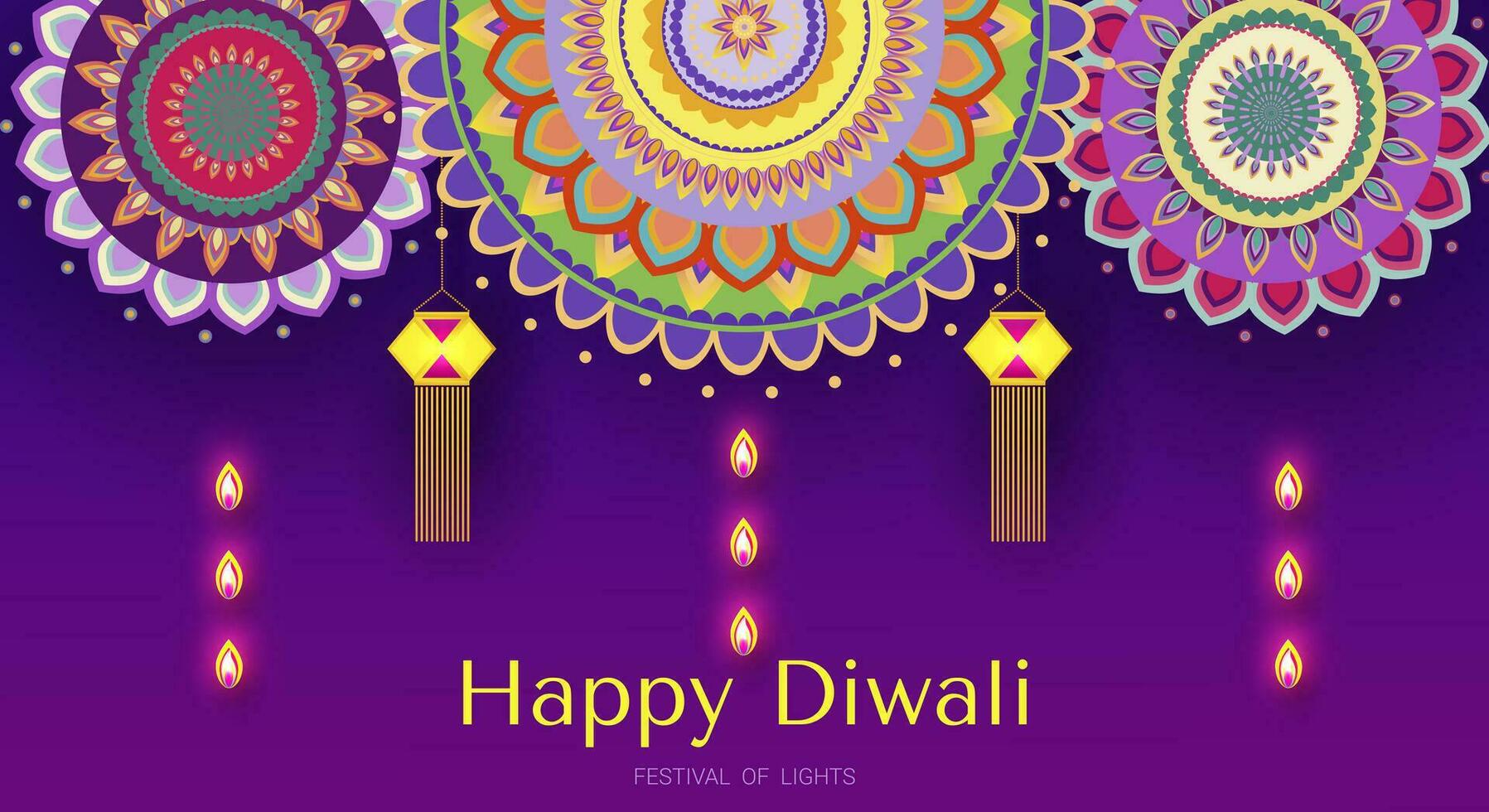 Diwali Festival saluto carta con bellissimo rangoli e diya sfondo. vettore