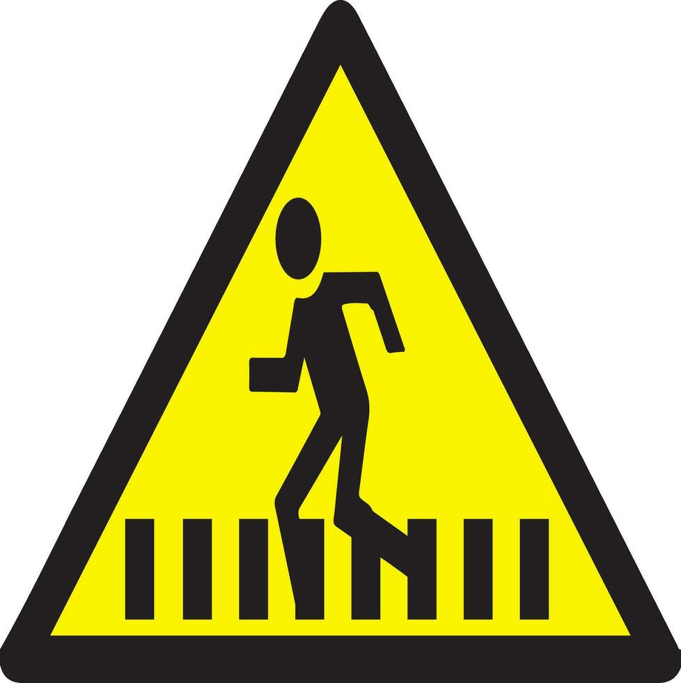 un' giallo e nero avvertimento cartello con un' uomo a piedi attraverso il strada vettore