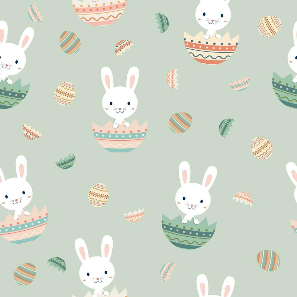 bello Pasqua senza soluzione di continuità modello con coniglietti, scarabocchi e uova. adatto per Pasqua carte, striscione, tessili, sfondi, sfondo vettore