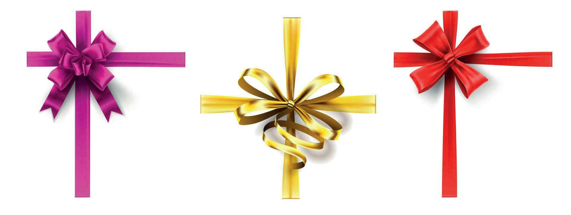 realistico regalo arco. attraversare nastro con arco, decorazione regalo scatola nastri. rosa, oro e rosso fiocchi vettore impostato