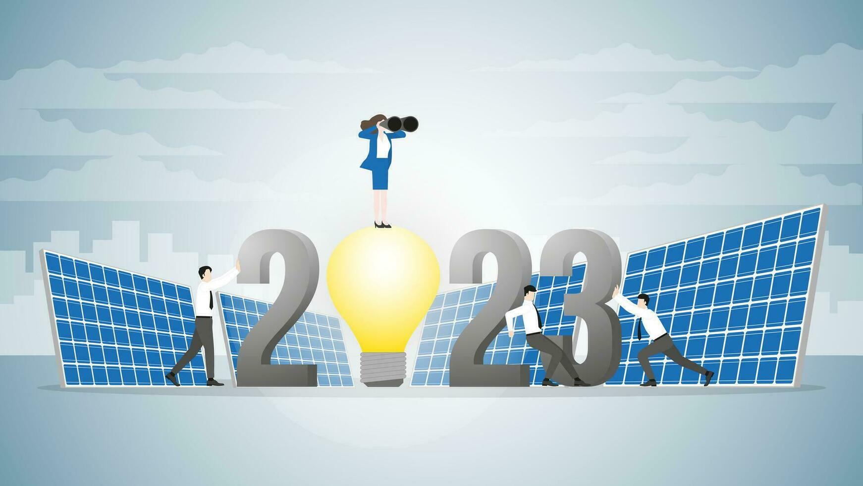 visione donna d'affari uso binoculare su 2023 leggero lampadina motorizzato di solare cellule con squadra sostegno. vettore