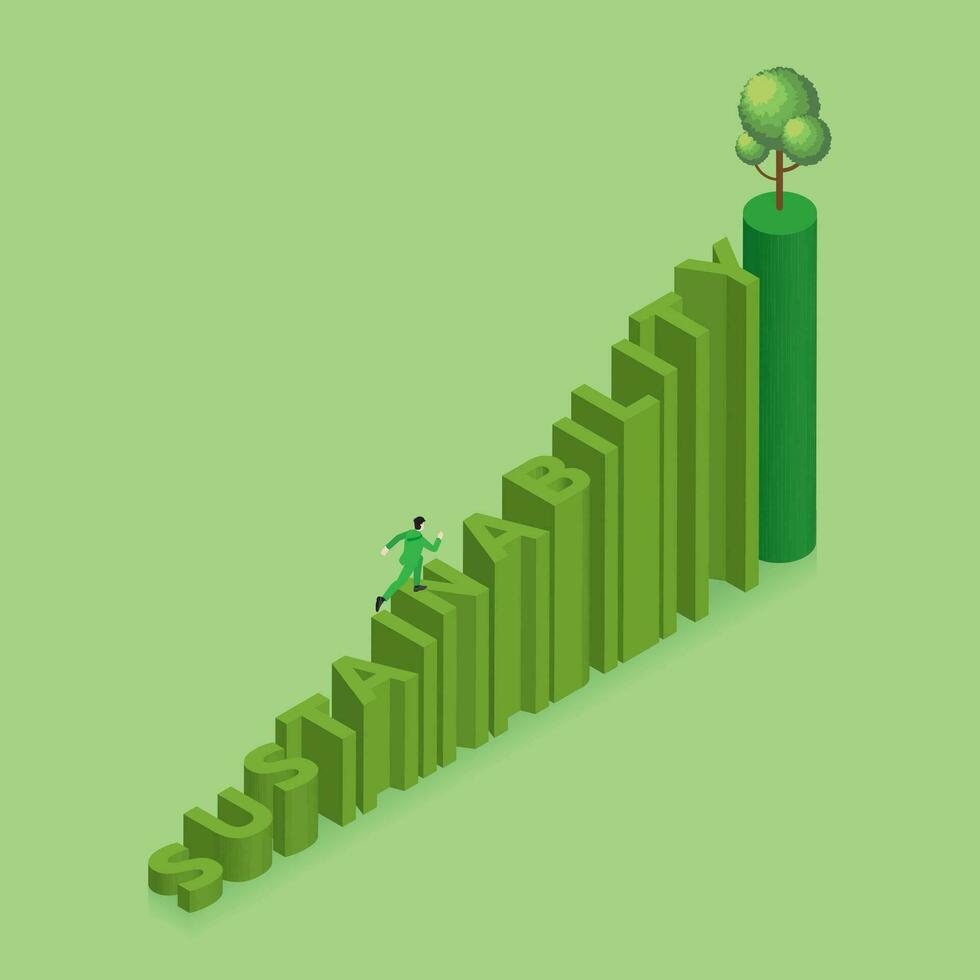 un' uomo corre e passaggi su un' scala testo parola sostenibilità vettore