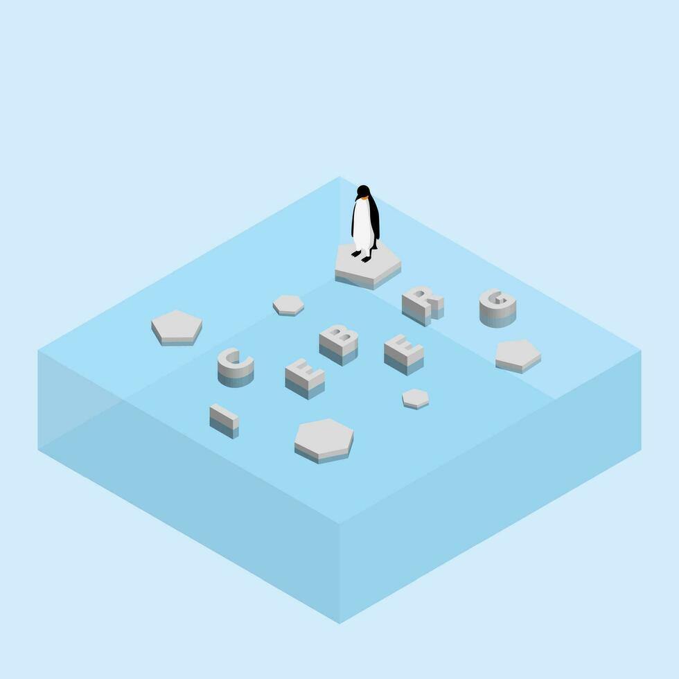 pinguino su galleggiante ghiaccio foglio e un' testo parola iceberg. globale riscaldamento e ghiaccio fusione concetto di mare livello salire vettore