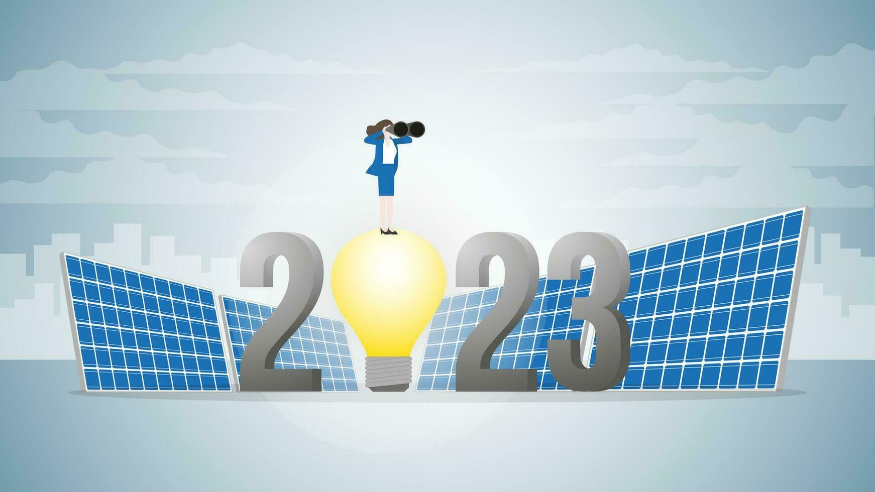 visione donna d'affari usi binocolo su 2023 leggero lampadina motorizzato di solare cellule. vettore