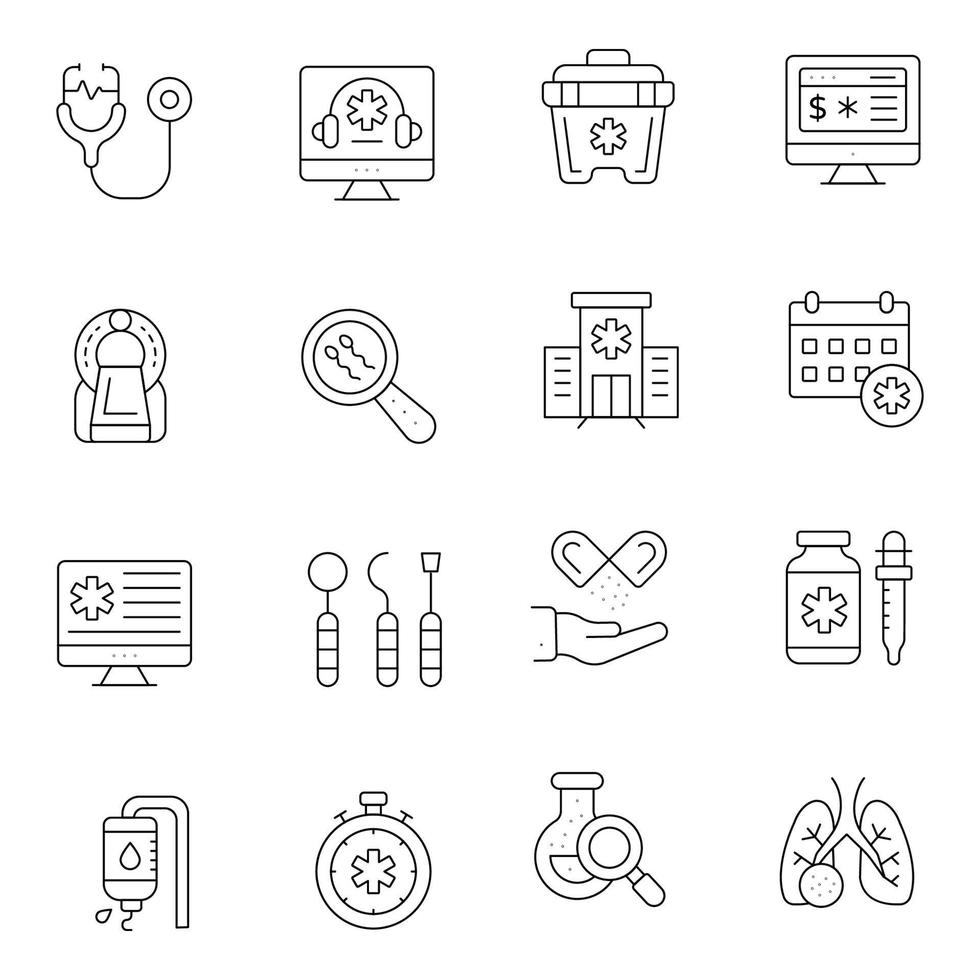 icone di linee sottili mediche e sanitarie vettore