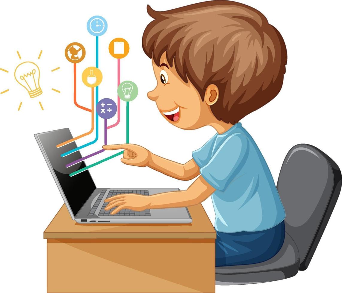 un ragazzo che utilizza il computer portatile per l'apprendimento a distanza online vettore