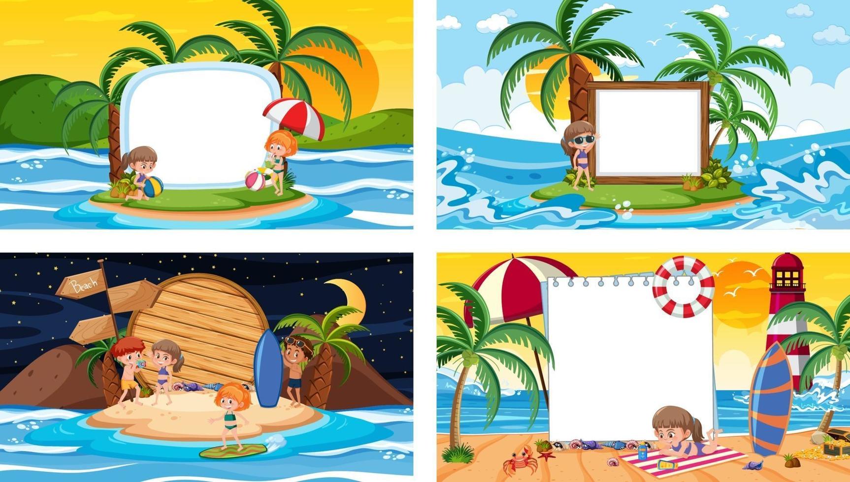 set di diverse scene di spiaggia tropicale con banner bianco vettore