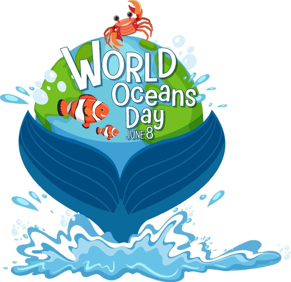 bandiera della giornata mondiale dell'oceano con coda di balena isolata vettore