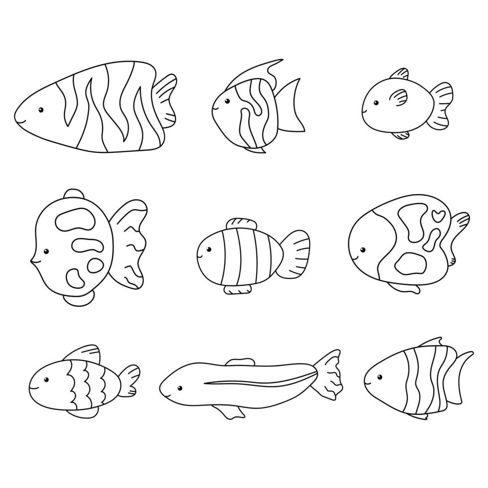 insieme di raccolta di linea isolata pesce bambino carino doodle disegnato a mano mare vettore