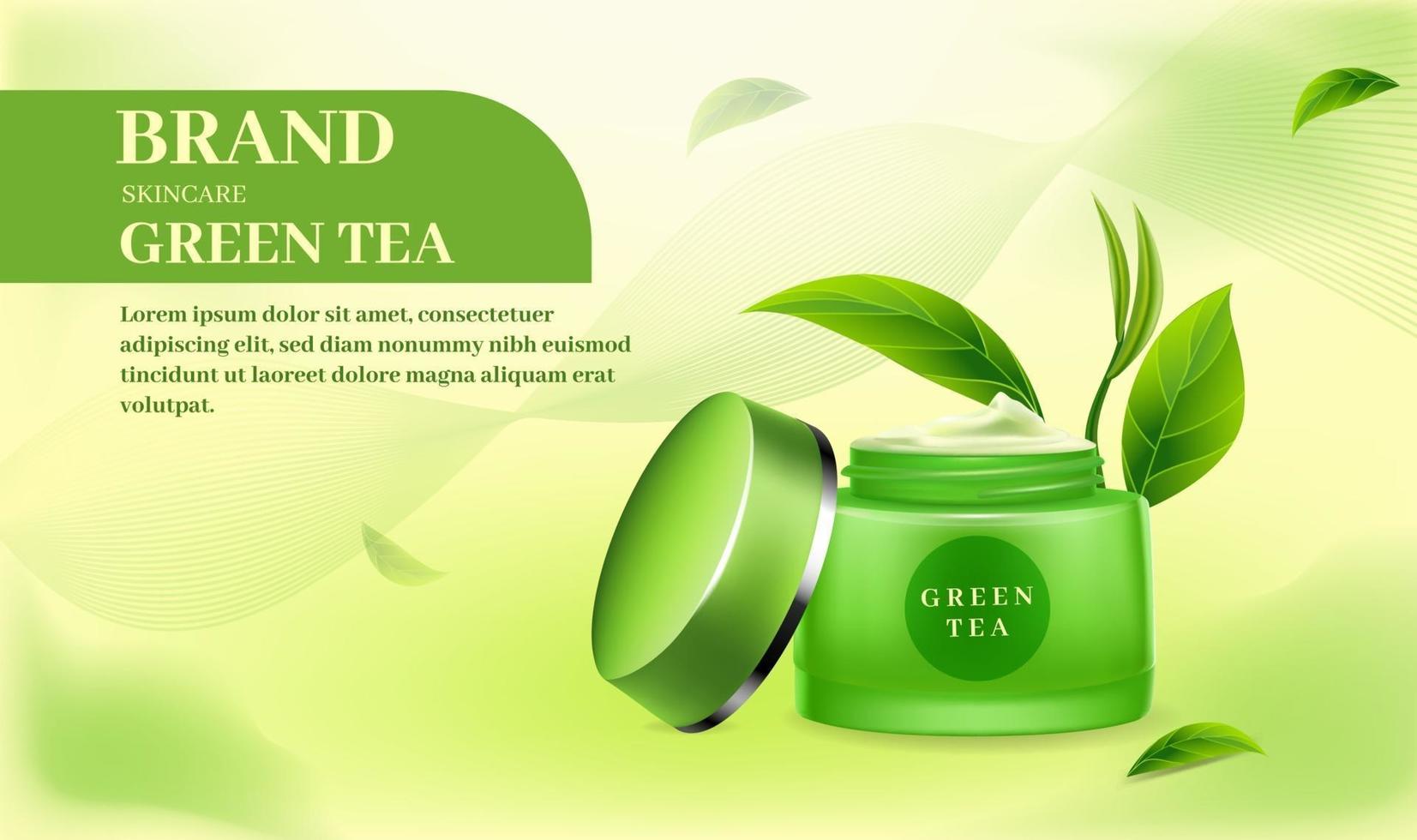 prodotto crema per la cura della pelle con sfondo di tè verde vettore