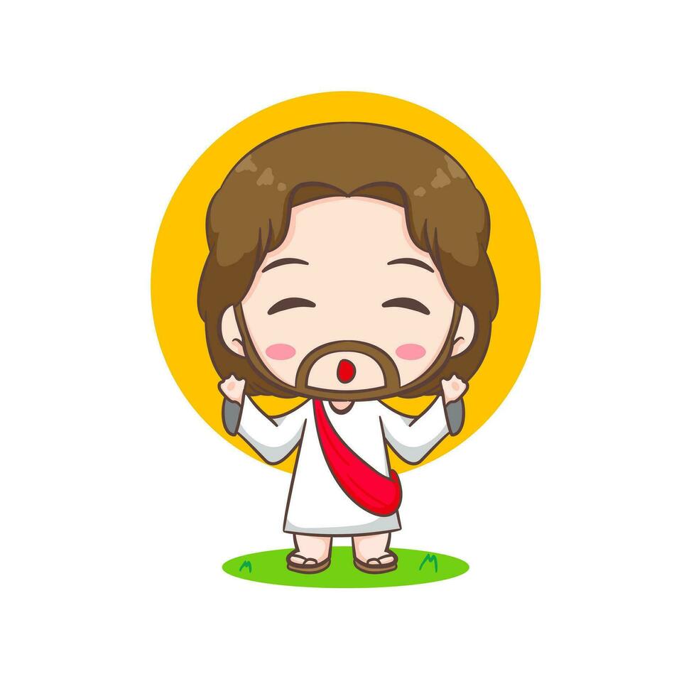 carino Gesù Cristo cartone animato carattere. cristiano religione concetto design. mano disegnato chibi personaggio clip arte etichetta isolato bianca sfondo. vettore arte illustrazione