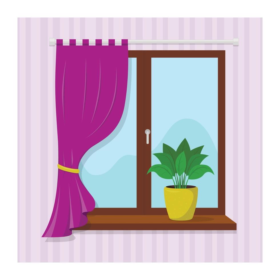 finestra con una tenda lilla e una pianta domestica sul davanzale vettore
