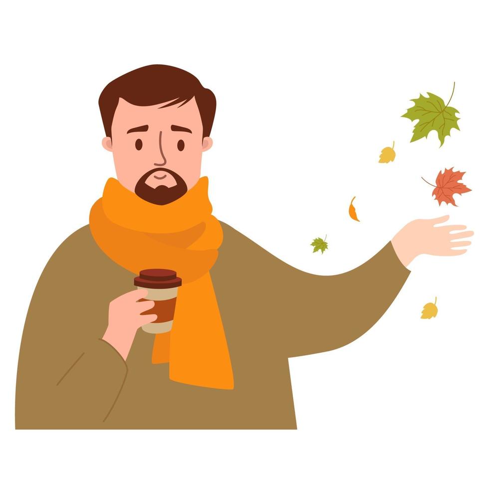 uomo autunnale con baffi e barba con caffè e foglie autunnali vettore