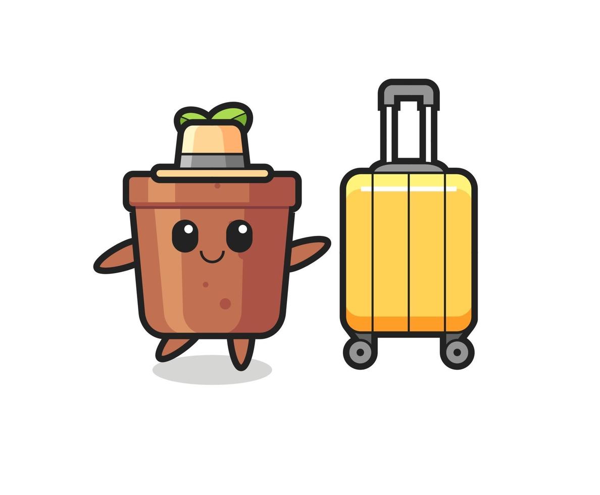 illustrazione del fumetto del vaso della pianta con i bagagli in vacanza vettore
