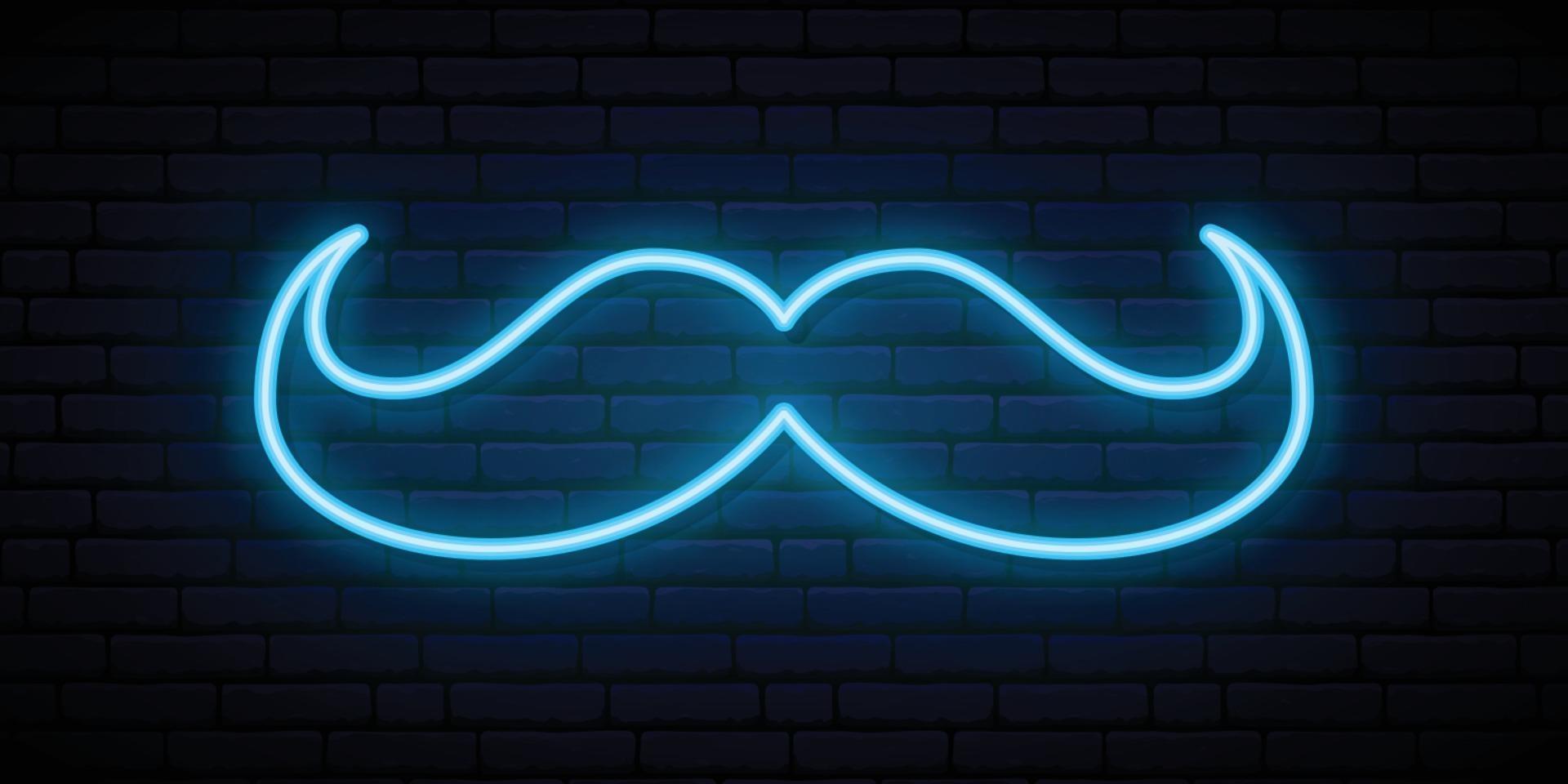 baffi blu al neon firmano sul fondo del muro di mattoni. vettore