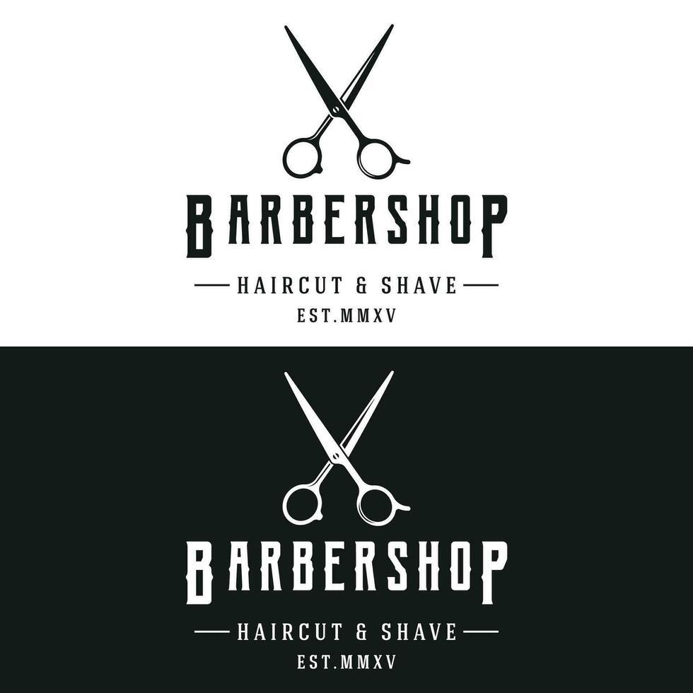 retrò Vintage ▾ barbiere taglio di capelli e radersi logo modello con taglio di capelli attrezzatura design. logo per attività commerciale, emblema, etichetta, barbiere e distintivo. vettore