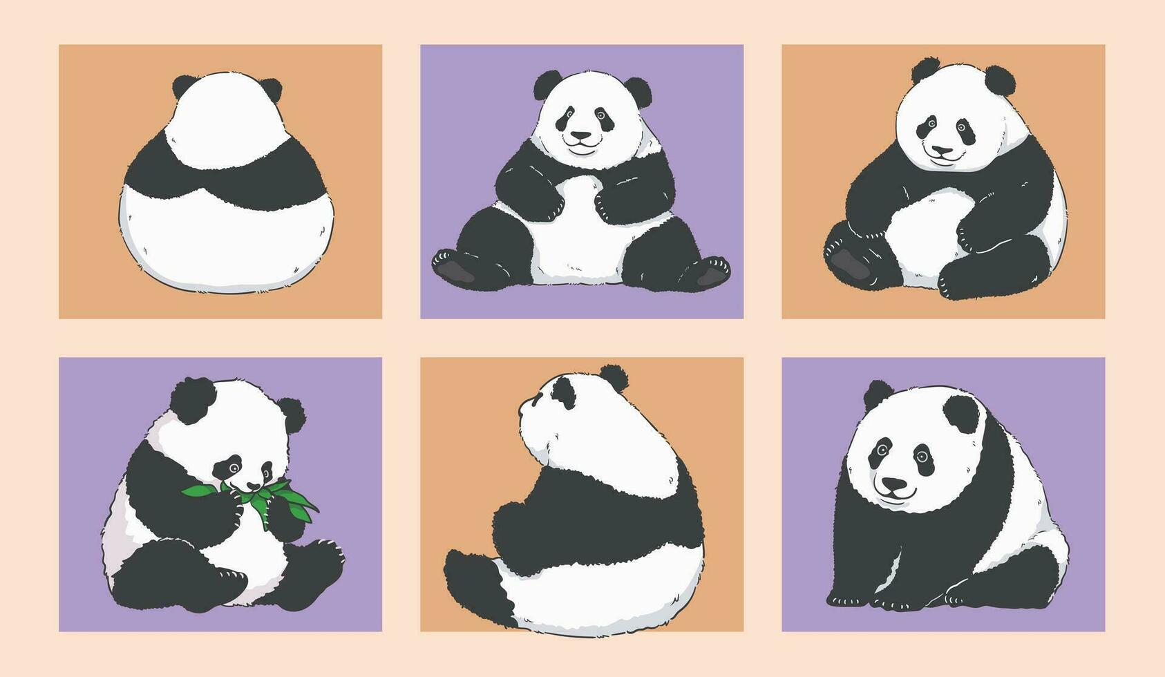 carino cartone animato panda seduta e mangiare bambù le foglie vettore
