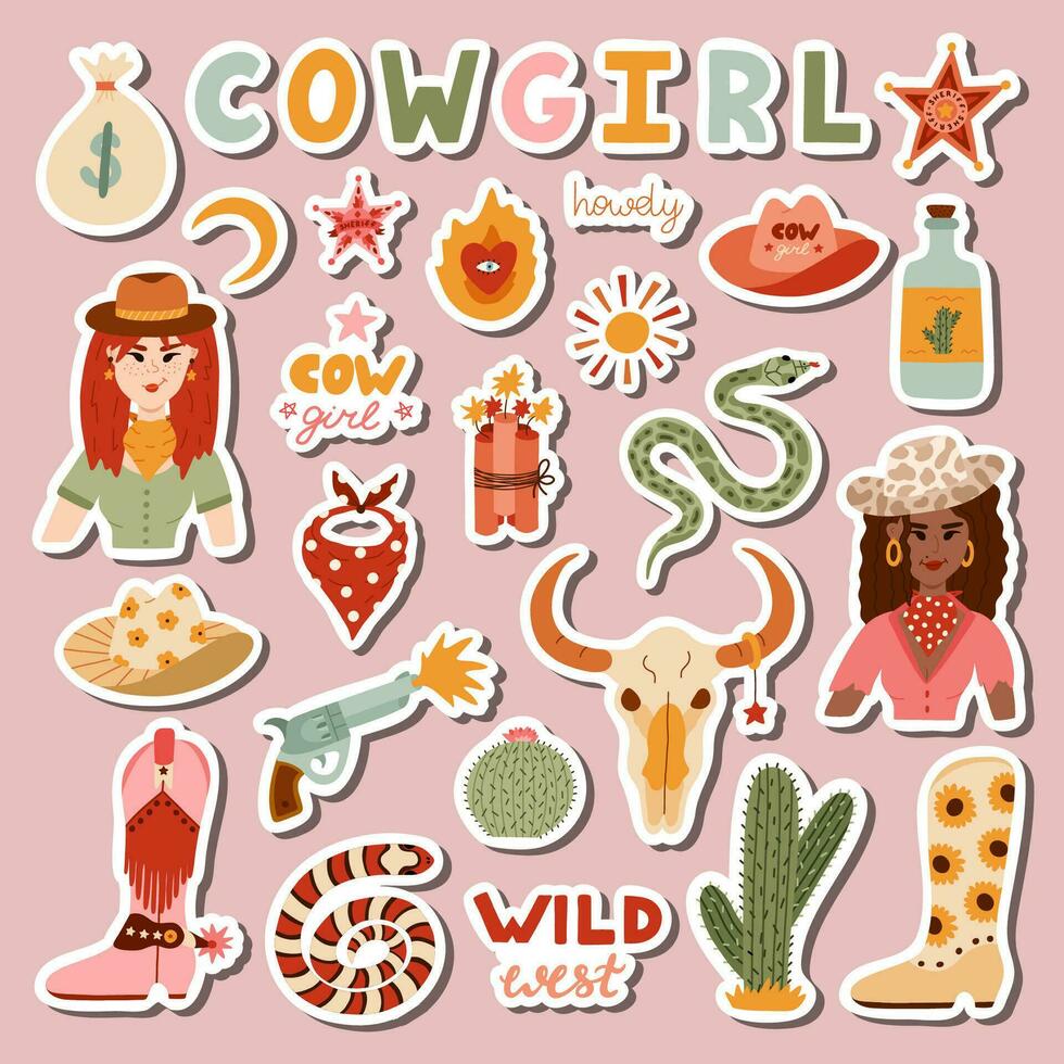 grande impostato di adesivi con cowgirl illustrazioni per pianificatori, i Quaderni. pronto per Stampa elenco di carino adesivi. mano disegnato semplice vettore scarabocchi con simboli di Texas, selvaggio ovest, cowboy e mucca ragazza