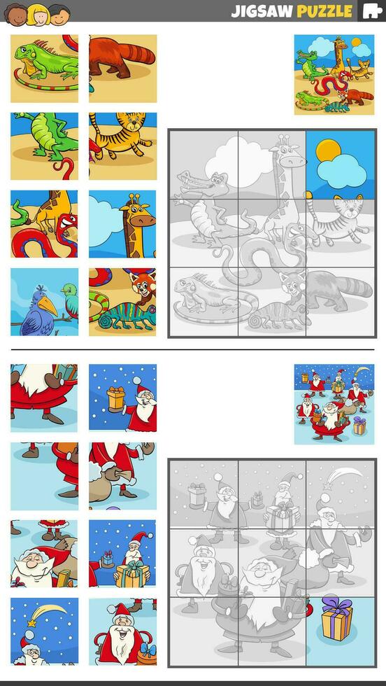 sega puzzle Giochi impostato con Natale personaggi e animali vettore