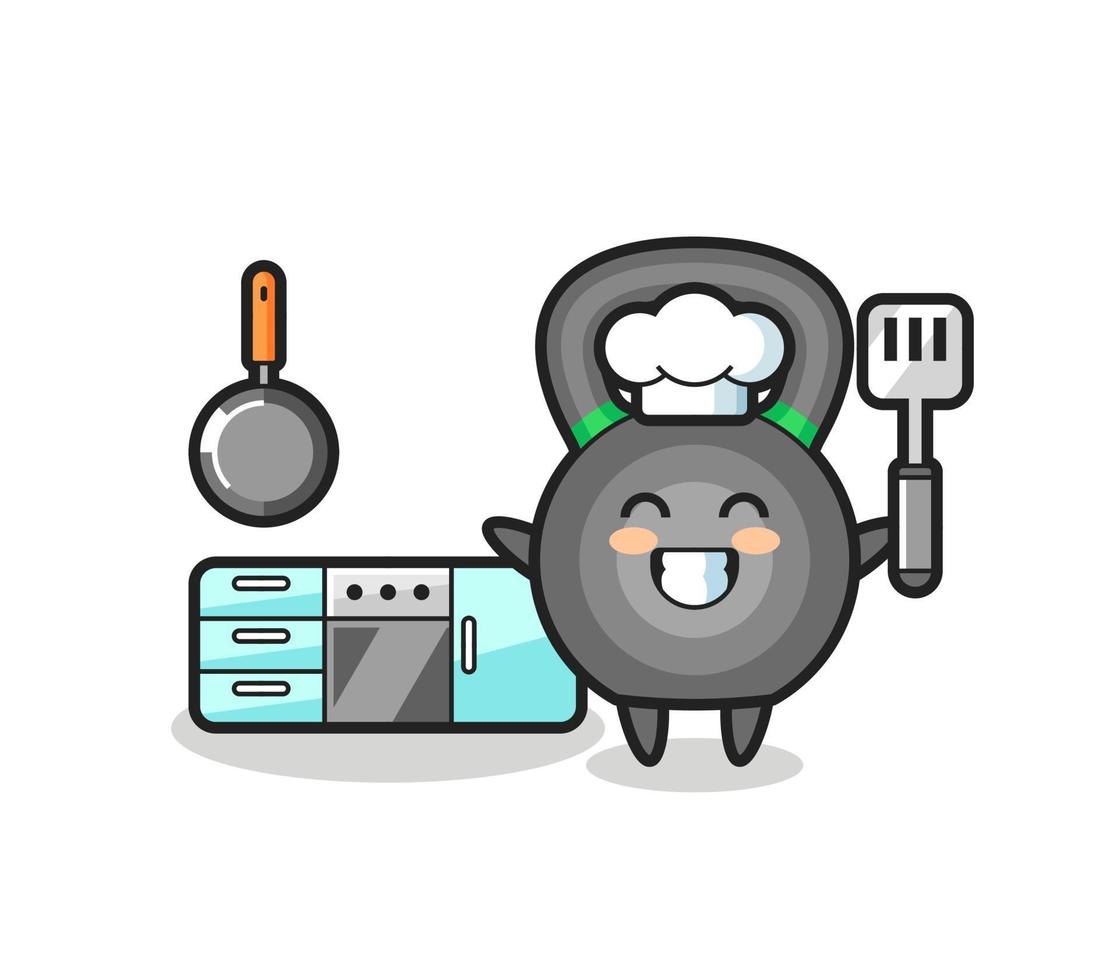 illustrazione del personaggio di kettlebell mentre uno chef sta cucinando vettore