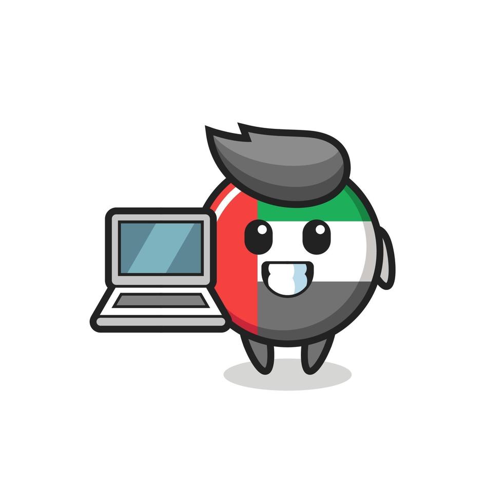 illustrazione della mascotte del distintivo della bandiera degli Emirati Arabi Uniti con un laptop vettore
