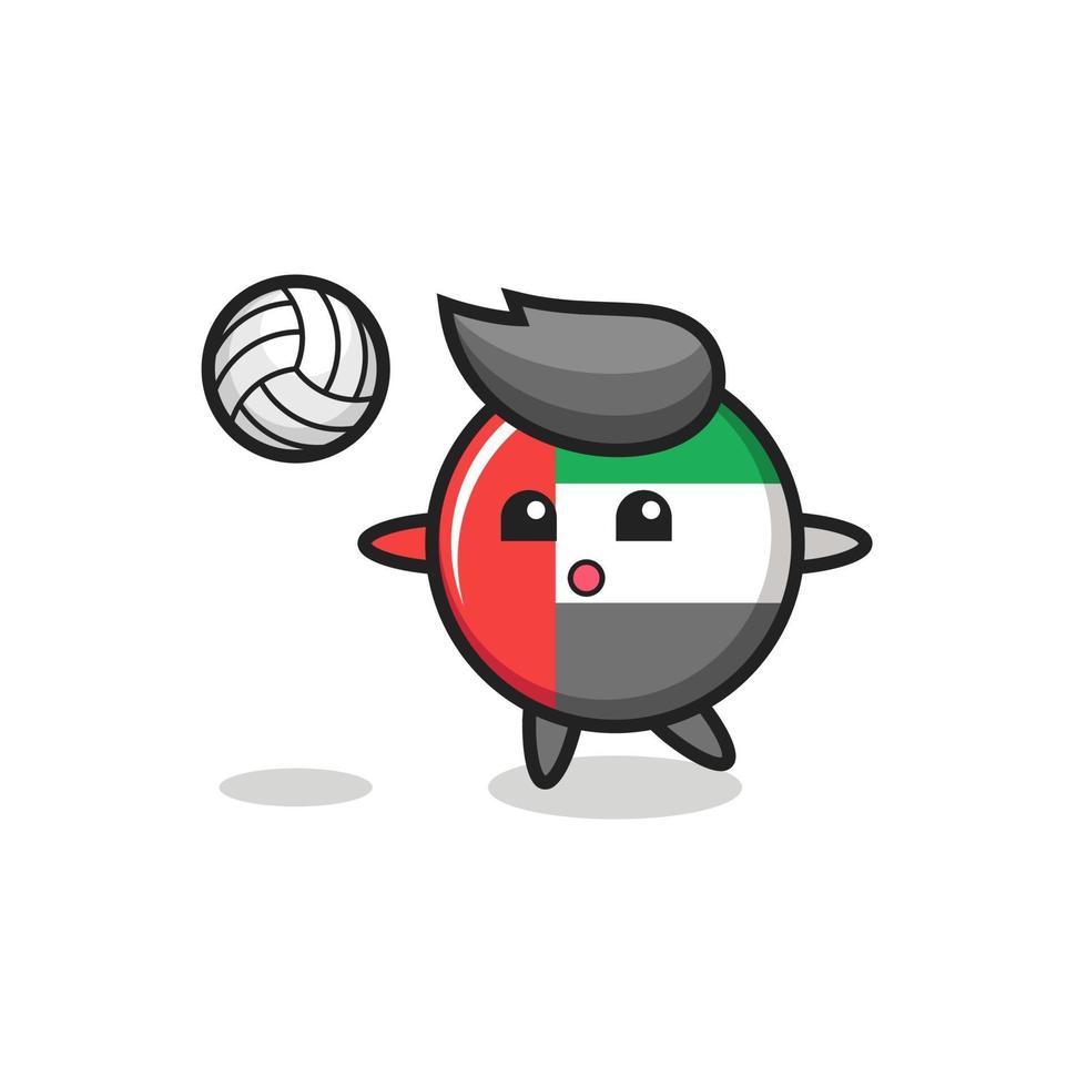 personaggio dei cartoni animati del distintivo della bandiera degli Emirati Arabi Uniti sta giocando a pallavolo vettore