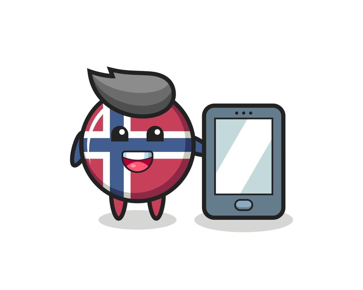 cartone animato dell'illustrazione del distintivo della bandiera della norvegia che tiene uno smartphone vettore