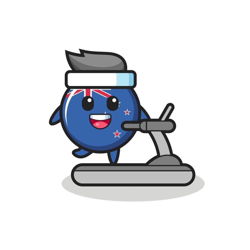 personaggio dei cartoni animati distintivo della bandiera della Nuova Zelanda che cammina sul tapis roulant vettore