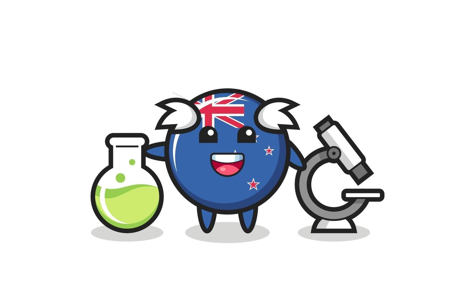 personaggio mascotte del distintivo della bandiera della Nuova Zelanda come scienziato vettore