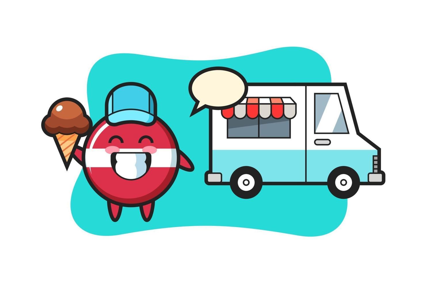 mascotte cartone animato della bandiera della Lettonia distintivo con camion dei gelati vettore
