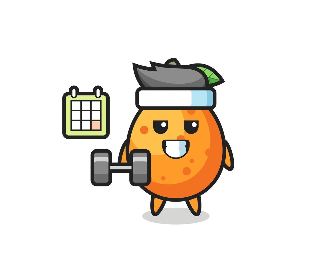 cartone animato mascotte kumquat facendo fitness con manubri vettore