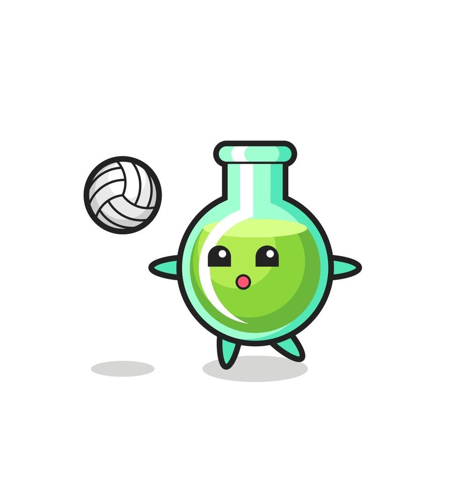 il personaggio dei cartoni animati dei bicchieri da laboratorio sta giocando a pallavolo vettore