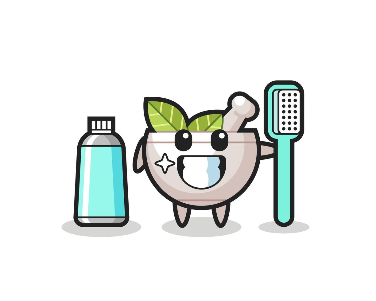 illustrazione mascotte della ciotola di erbe con uno spazzolino da denti vettore
