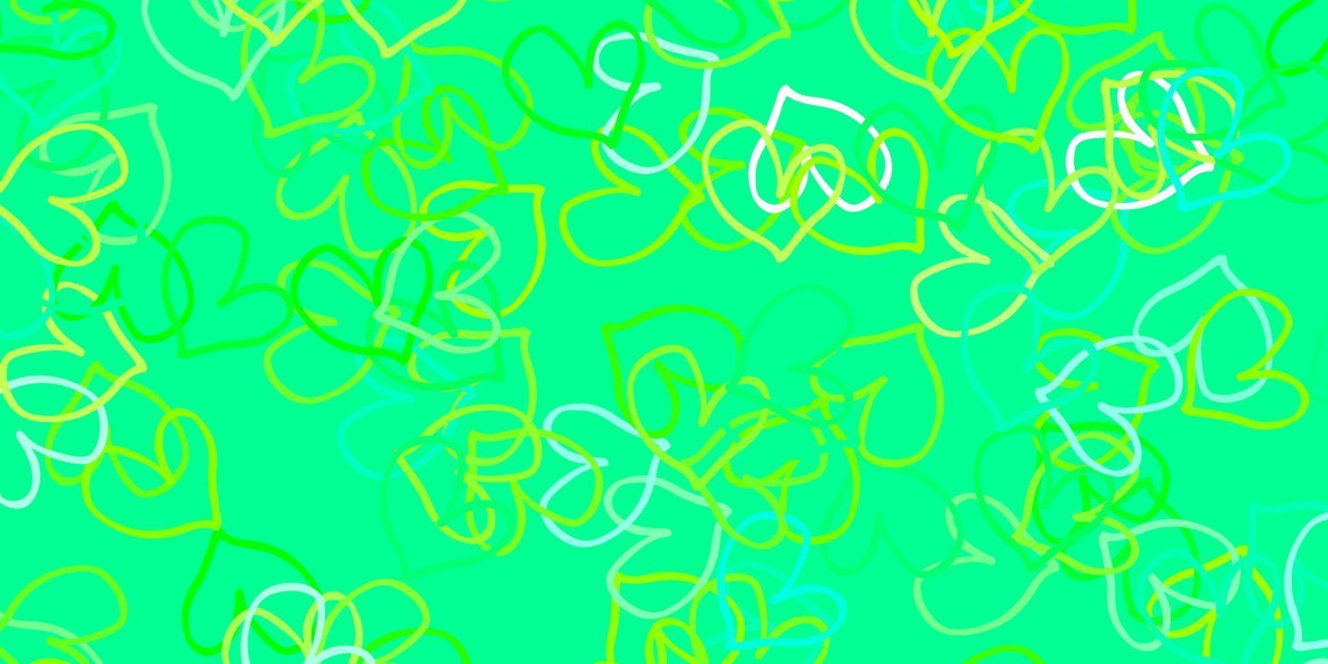 modello vettoriale verde chiaro, giallo con cuori doodle.