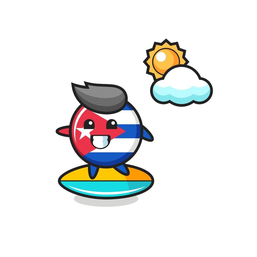 l'illustrazione del fumetto del distintivo della bandiera di cuba fa surf sulla spiaggia vettore