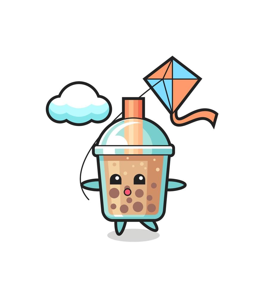 l'illustrazione della mascotte del bubble tea sta giocando con l'aquilone vettore
