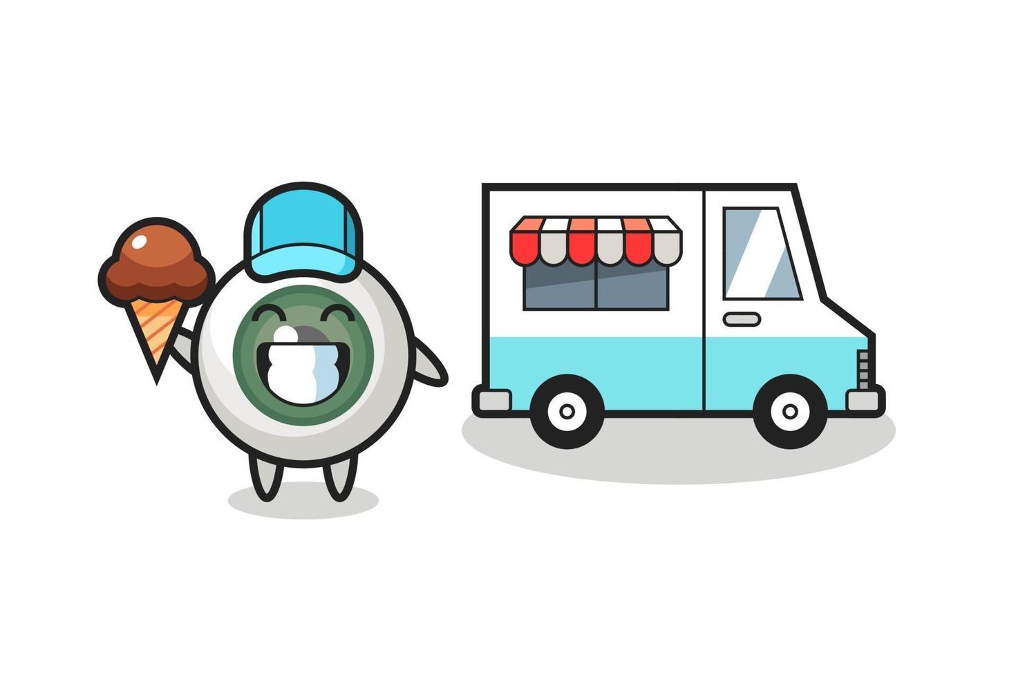 cartone animato mascotte del bulbo oculare con il camion dei gelati vettore