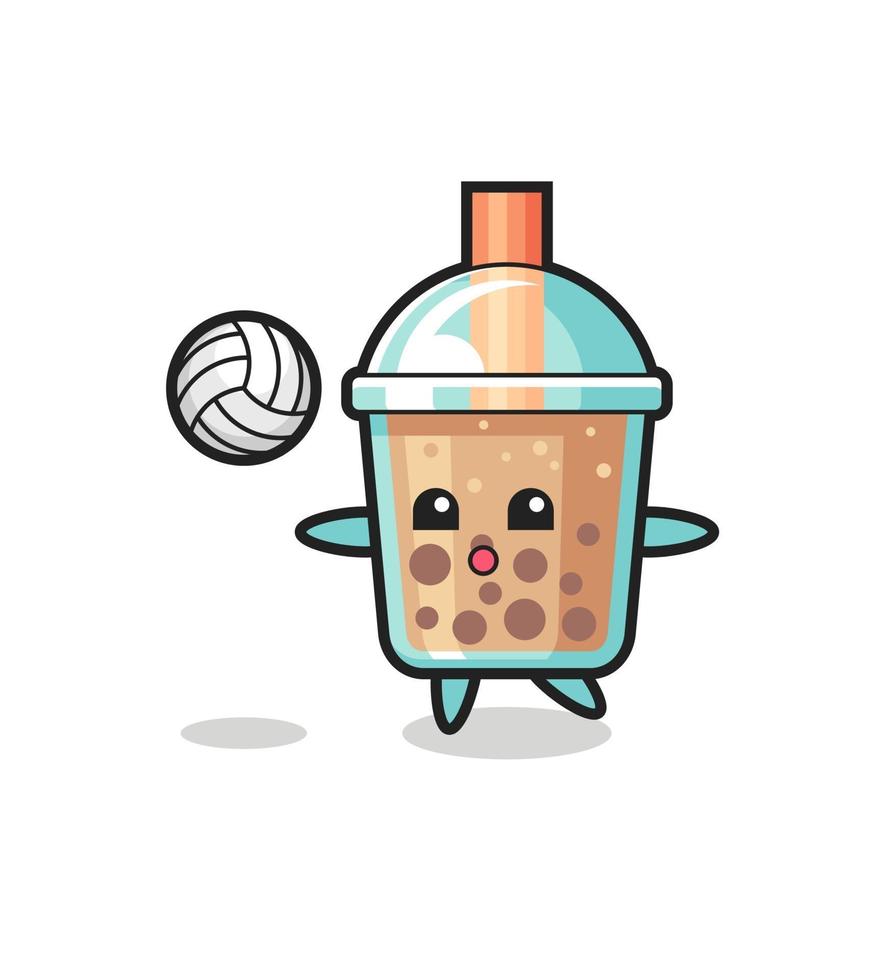 personaggio cartone animato di bubble tea sta giocando a pallavolo vettore