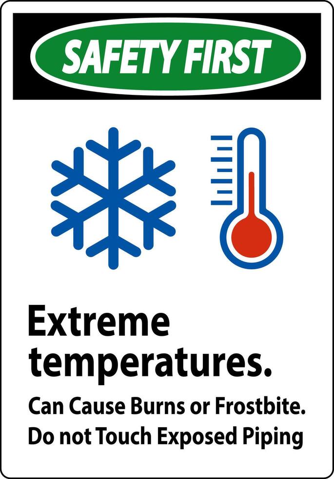 sicurezza primo cartello estremo temperature, può causa ustioni o congelamento, fare non toccare esposto tubatura vettore