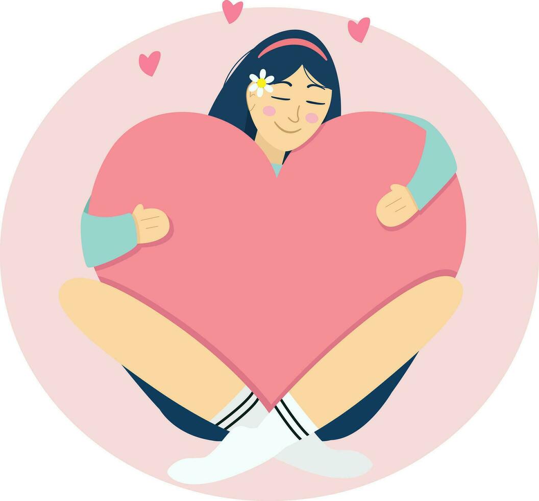 il ragazza abbracciare un' grande cuore, amore te stesso concetto, se stesso cura, vettore illustrazione