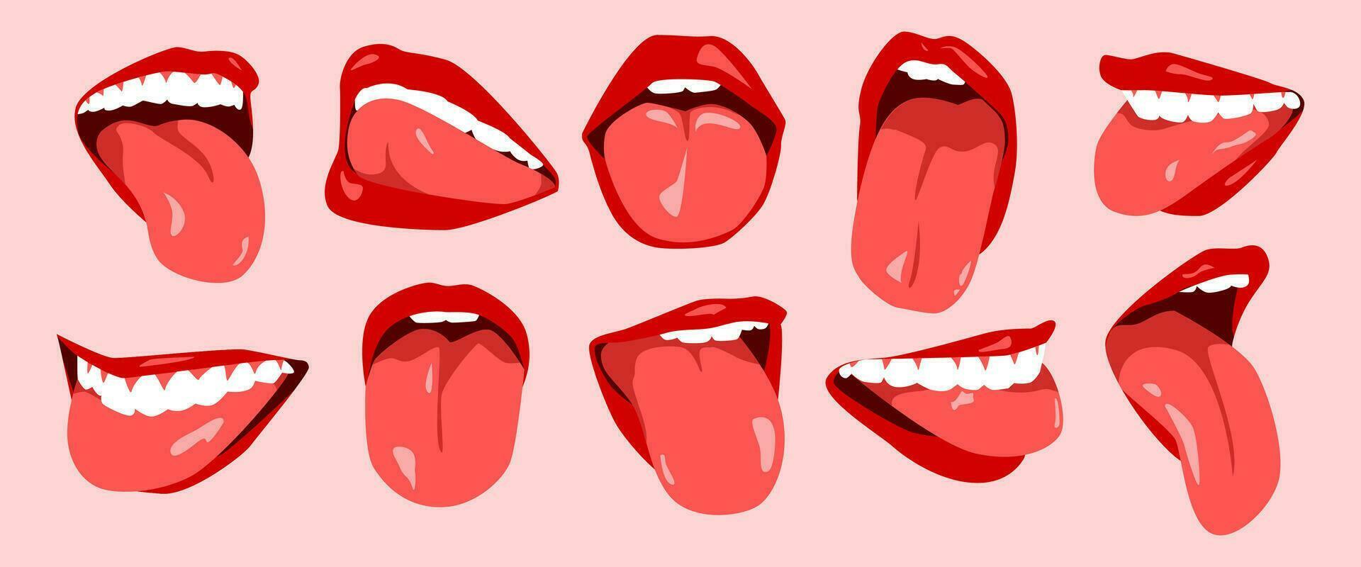 impostato di sexy donna di labbra con rosso rossetto, bianca denti, e lingua fuori. bocca icona. piatto vettore illustrazione.