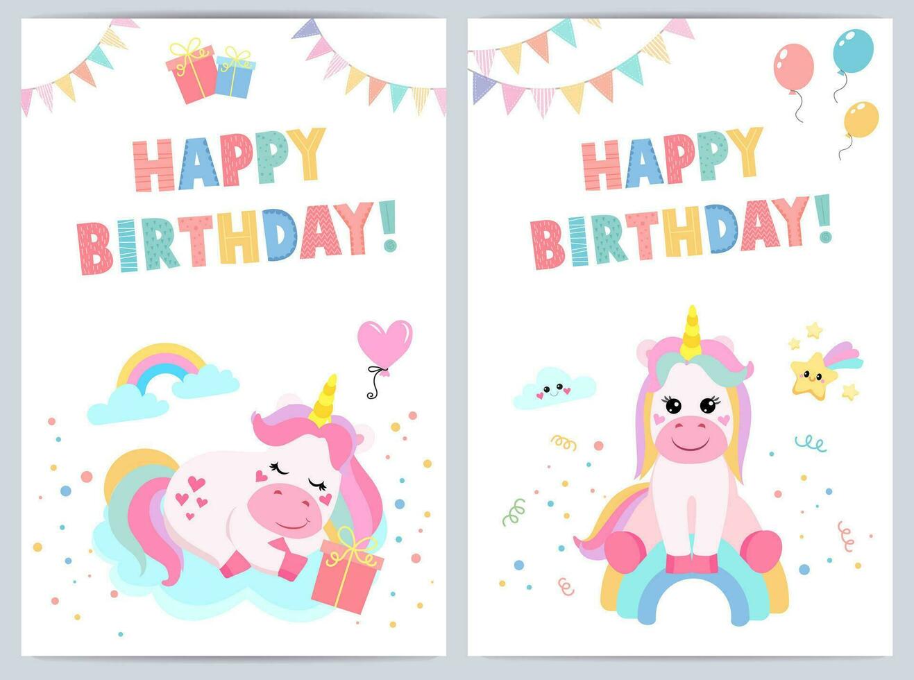carino compleanno carte per bambini con divertente unicorno. vettore illustrazione